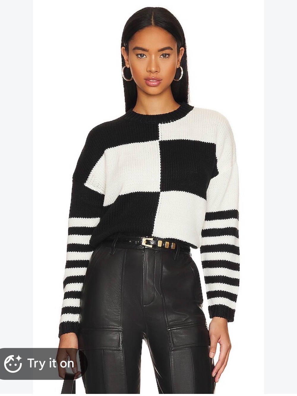 Steve Madden Black and White Checker Block Knit Sweater